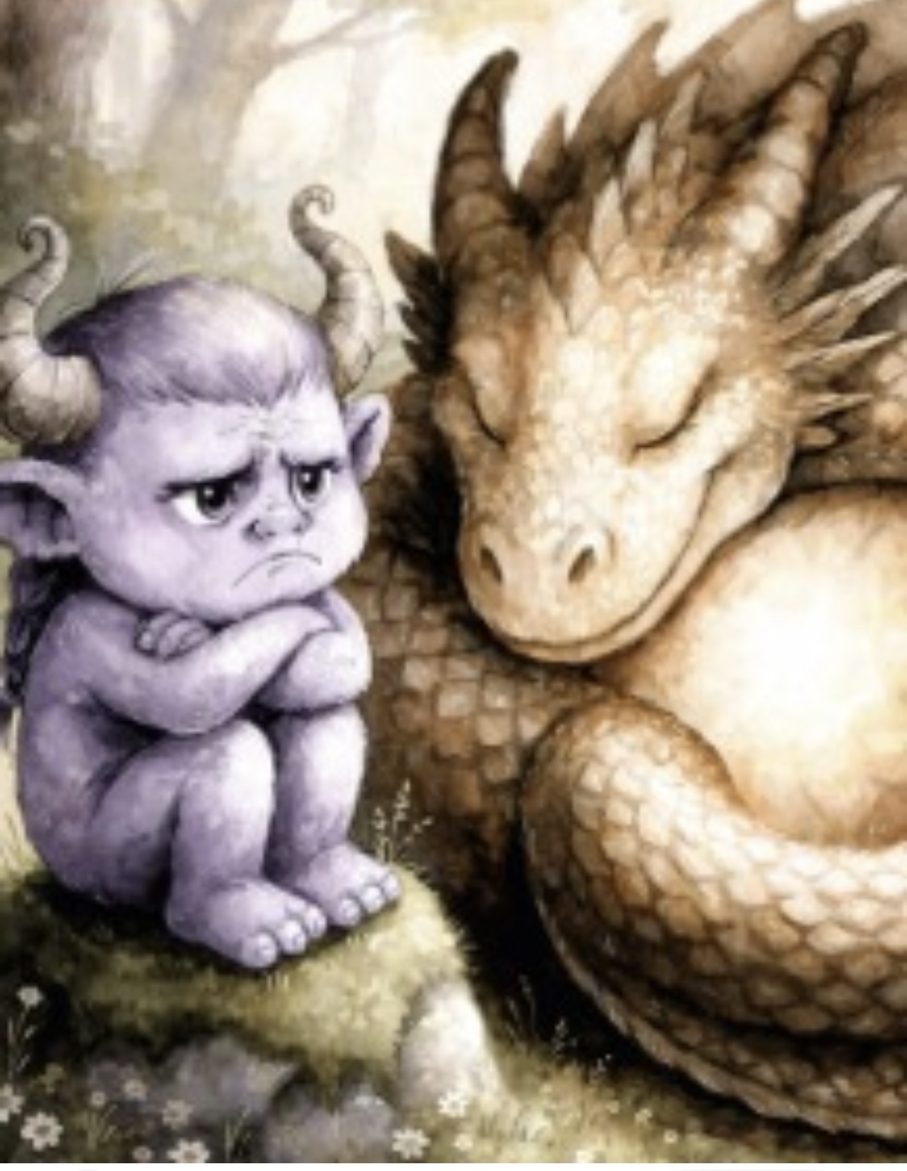 Illustration of a small protective creature beside a resting dragon, representing the villain and the hero within